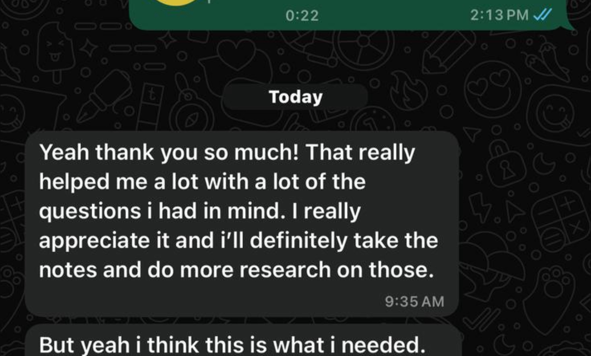 Student thanking Miguel for helpful guidance