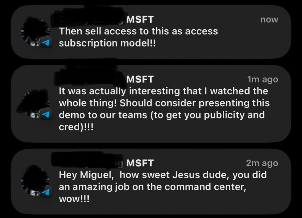 MSFT employee praising Miguel's command center demo
